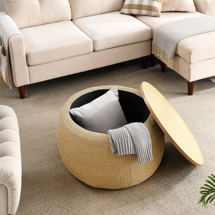 Round Storage Ottoman, 2 in 1 Function, Work as End table and Ottoman, Natural (25.5"x25.5"x14.5")