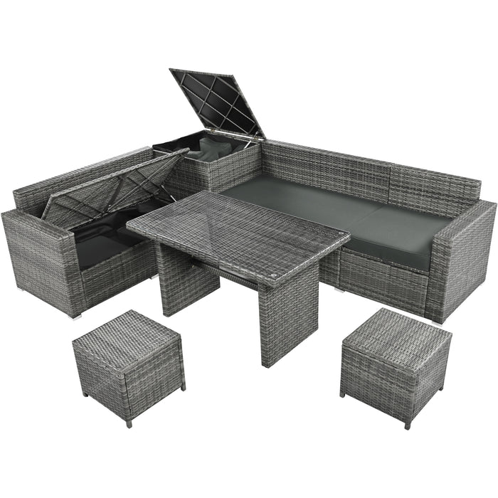 Outdoor 6-Piece All Weather PE Rattan Sofa Set, Garden Patio Wicker Sectional Furniture Set with Adjustable Seat, Storage Box, Removable Covers and Tempered Glass Top Table,Grey - DTYStore