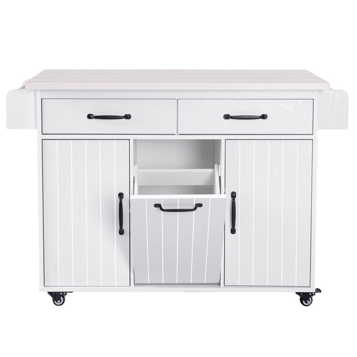 Kitchen Island with Trash Can Storage Cabinet, Kitchen Cart with Drop Leaf, Spice Rack, Towel Rack and Drawer, Rolling Kitchen Island on Wheels with Adjustable Shelf, White - DTYStore