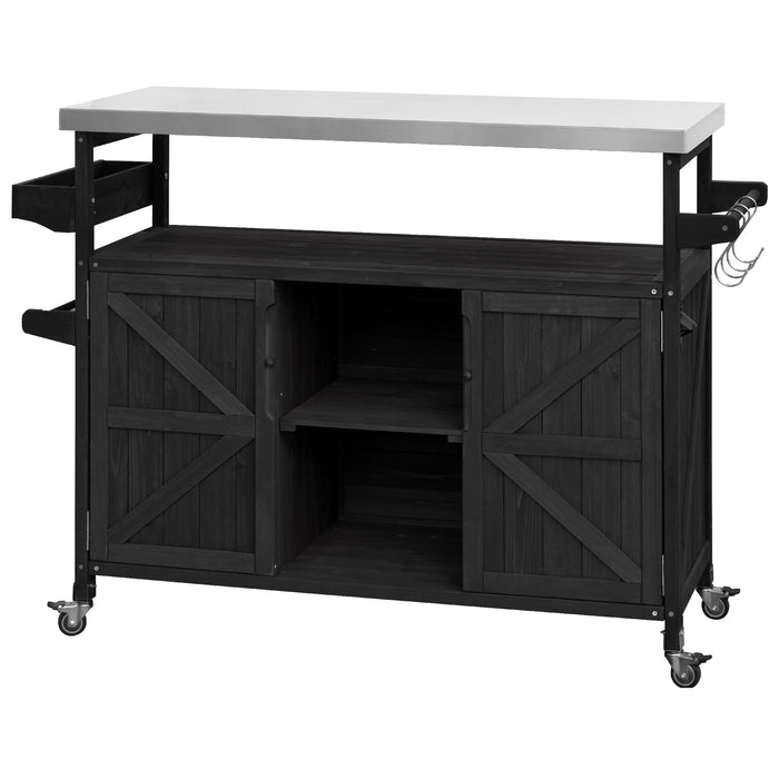 Outdoor Kitchen Island, Rolling Bar Cart & Storage Cabinet, Farmhouse Solid Wood Outdoor Grill Table with Stainless Steel Top, Spice Rack , Towel Rack for Kitchen & Barbecue, Black - DTYStore