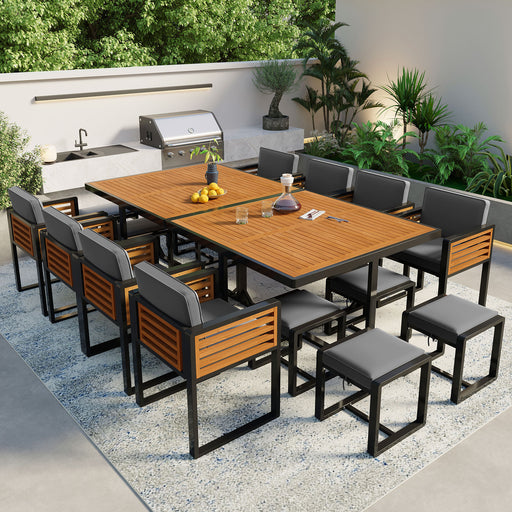 GO 18-Pieces Acacia Wood Patio Dining Set, Space Saving Outdoor Patio Set, 8 Cushioned Chairs & 8 Ottomans & 2 Square Table, for Backyard, Garden, Deck and Poolside, Gray - DTYStore