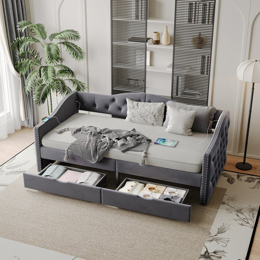 Upholstered Daybed with Storage Drawers, Wood Daybed Twin Size, No Box Spring Needed, Grey - DTYStore