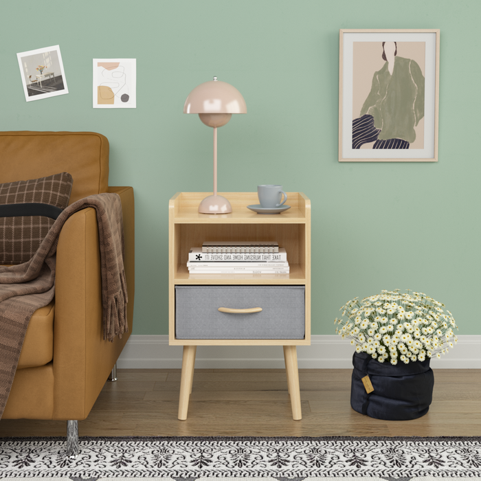2PC Nightstand With Collapsible Fabric Drawer, 2-Tier Storage End Table, Wood Side Table with Storage Cabinet for Bedroom, Living Room - Oak - DTYStore