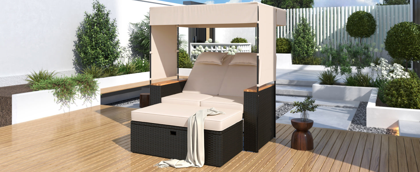2-Piece Outdoor Rattan Daybed, Outdoor Bed with 5 Positions, Outdoor Loveseat Patio Sofa with Bench Lounge Roof Set and Cushions for Poolside, Backyard and Garden (Brown Wicker + Beige Fabric) - DTYStore