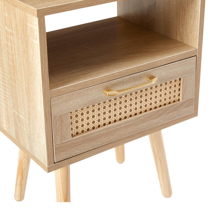 15.75" Rattan End table with drawer and solid wood legs, Modern nightstand, side table for living room, bedroom,natural - DTYStore