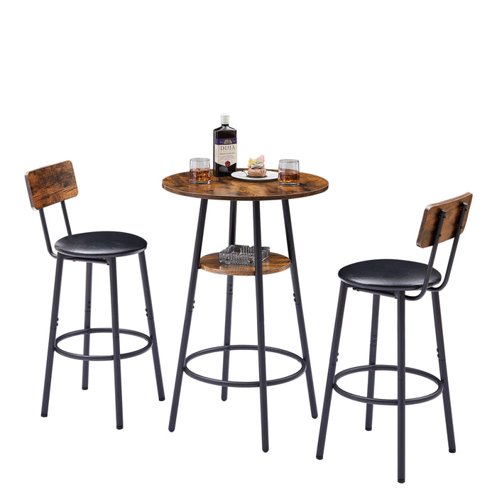 Round Bar Stool Set With Shelf, Upholstered Stool With Backrest, Rustic Brown, 23.62'' W x 23.62'' D x 35.43'' H