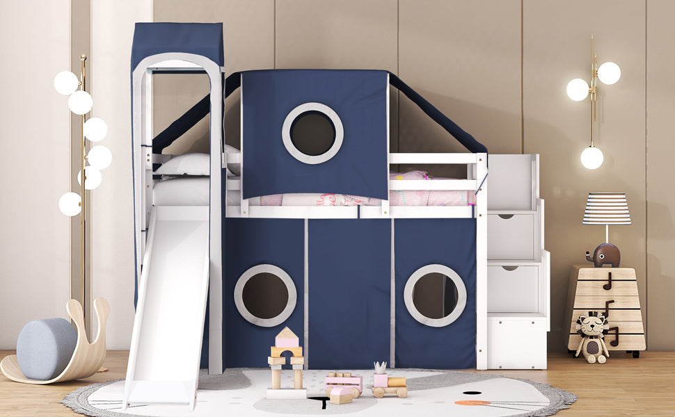 Twin Size Loft Bed with Tent and Tower - Blue - DTYStore