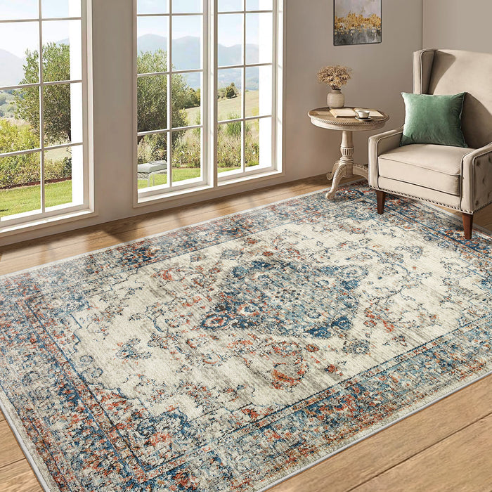 Area Rug 5x7 Vintage Bohemia Large Persian Non-slip Washable Rug For Living Room Kitchen Bedroom Living Room Flower Design Blue/Yellow - DTYStore