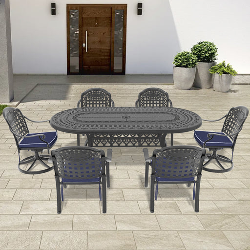 7-Piece All-Weather Cast Aluminum Dining Set, Include 2 Swivel Chairs,4 Dining Chairs and Oval Table With Black Frame - DTYStore