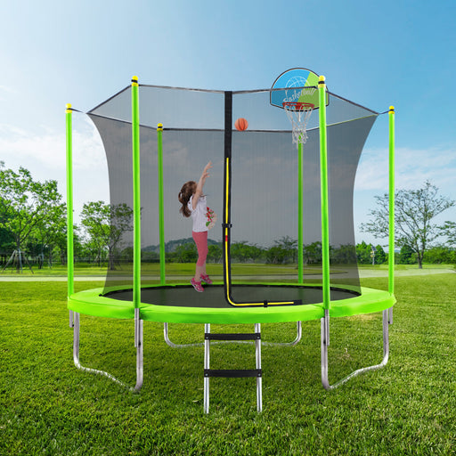 10FT Trampoline for Kids with Safety Enclosure Net, Basketball Hoop and Ladder, Easy Assembly Round Outdoor Recreational Trampoline - DTYStore