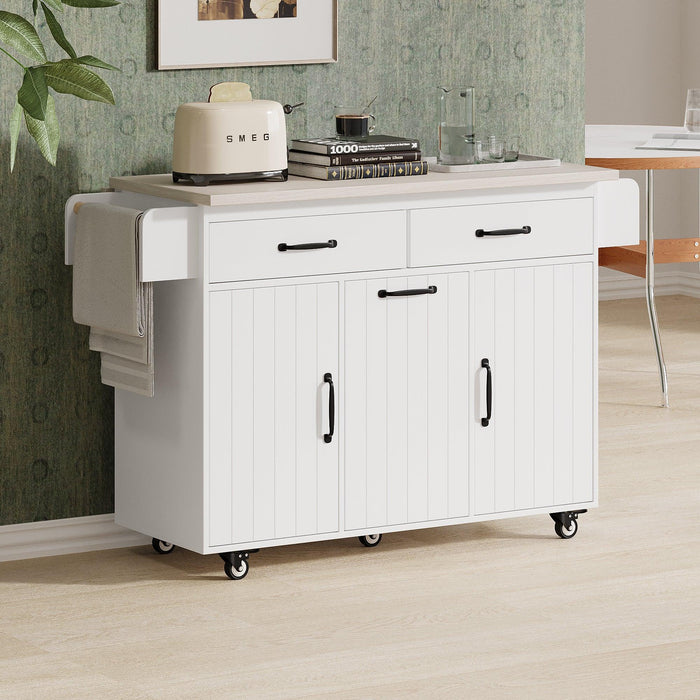 Kitchen Island with Trash Can Storage Cabinet, Kitchen Cart with Drop Leaf, Spice Rack, Towel Rack and Drawer, Rolling Kitchen Island on Wheels with Adjustable Shelf, White - DTYStore