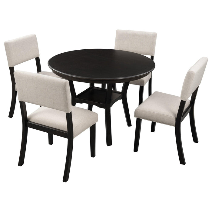 TREXM 5-Piece Kitchen Dining Table Set Round Table with Bottom Shelf, 4 Upholstered Chairs for Dining Room(Espresso)