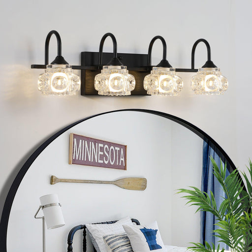 Retro 4-Light Bathroom Vanity Light Fixture - Black Finish with Crystal Glass Shades, Wall Mounted Lighting for Bathroom, Powder Room, and Vanity Mirror (No Bulbs) - DTYStore