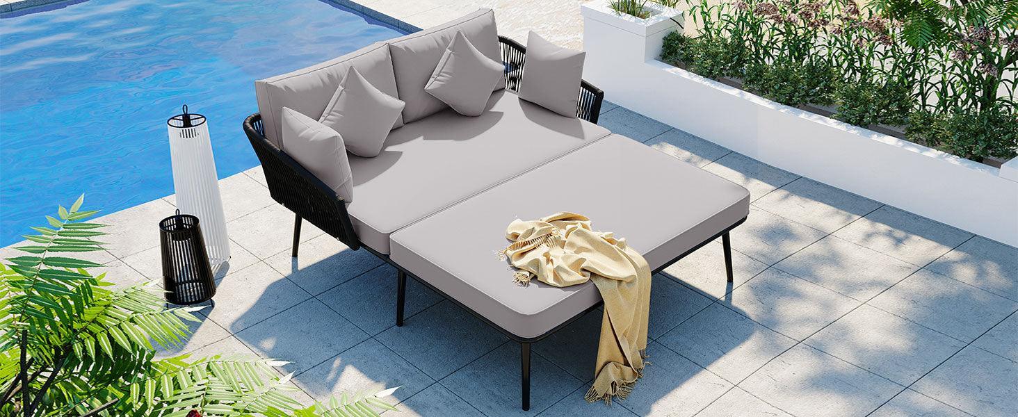 Outdoor Patio Daybed, Woven Nylon Rope Backrest with Washable Cushions, Set for 2 Person