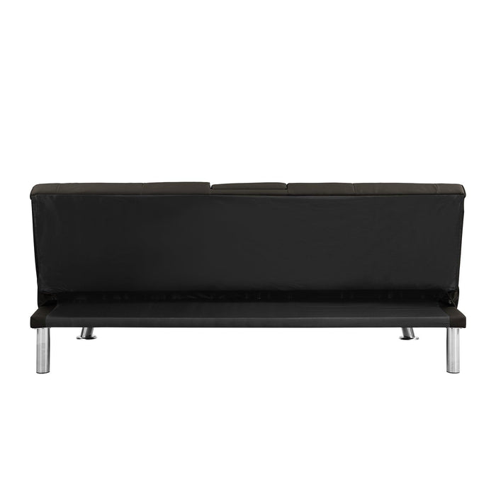 Sofa Bed with Armrest two holders WOOD FRAME, STAINLESS LEG, FUTON BROWN PVC,DARK BROWN