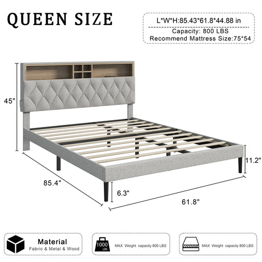 Queen Size Bed Frame with 2-Tier Storage Adjustable Headboard & Charging Station, Solid and Stable, No Box Spring Needed, Noise Free, Easy to Assemble, Gray - DTYStore