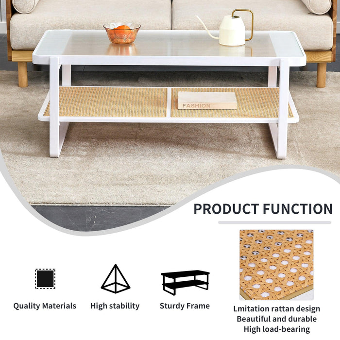 Modern Minimalist White Double Layered Solid Wood Coffee Table. Glass tabletop, imitation rattan edge table. Rectangular table suitable for living room, dining room, and bedroom