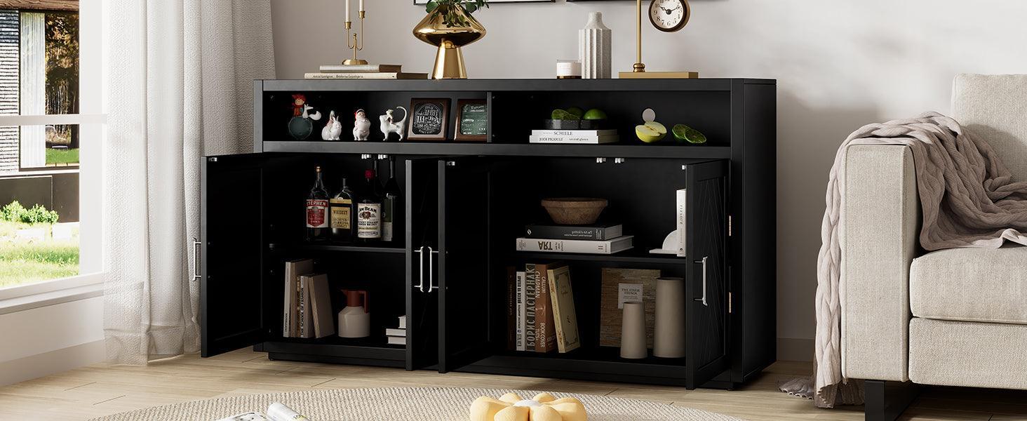 TREXM 4-door Classic Sideboard with Open Storage and Adjustable Shelves Perfect for kitchens, living rooms (Black)