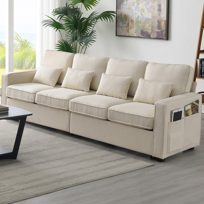 Modern Linen Fabric Sofa with Armrest Pockets and Pillows, Minimalist Style Couch Beige