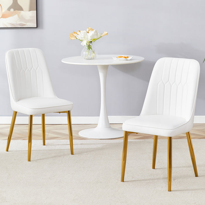 2 modern dining chairs, sleek PU leather backrest, and gold metal legs bring a comfortable home experience to the kitchen, bedroom, and office.W1151P183322 - DTYStore