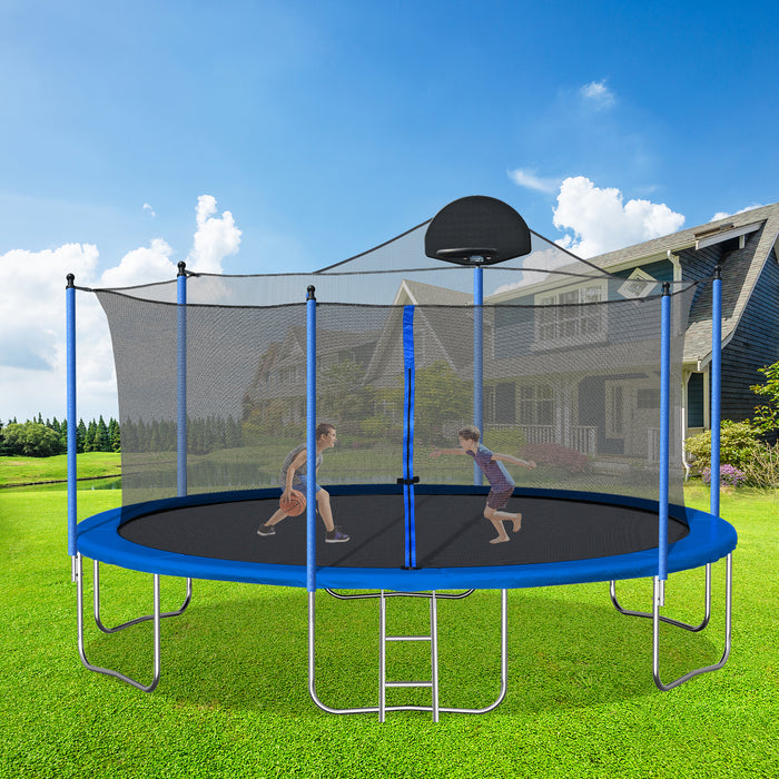 14FT Trampoline for Adults & Kids with Basketball Hoop, Outdoor Trampolines w/Ladder and Safety Enclosure Net for Kids and Adults,Double-side Color cover - DTYStore