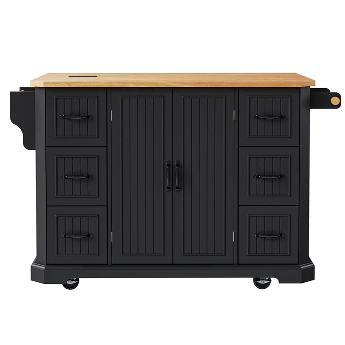 56 inch Kitchen Island with Rubber Wood Veneer Drop Leaf, Power Outlet, 4 Door Shelves, Embossed Vertical Stripe Rolling Kitchen Cart on 4 Wheels with 6 Deep Drawers for Kitchen, Dining Room,Black - DTYStore