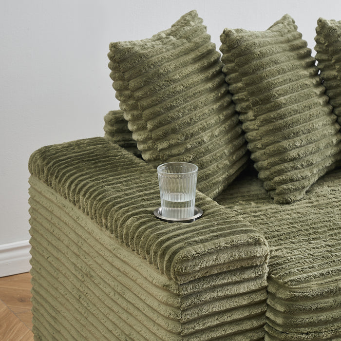 111.4-inch green corduroy sofa with cup holders and lockers on the armrests and a reversible chaise lounge (which can be swapped left and right) is suitable for living rooms and bedrooms. - DTYStore