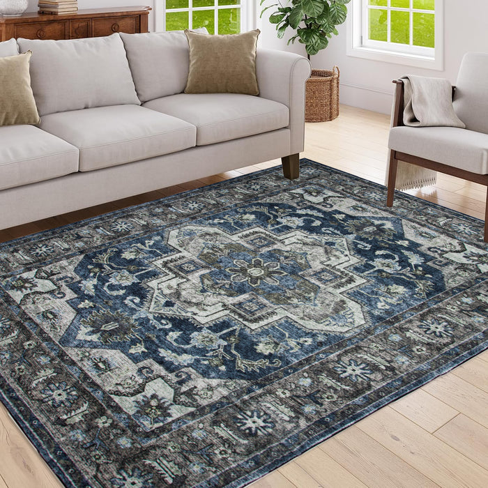 Area Rug 5x7 Vintage Bohemia Non-slip Washable Rug For Living Room Kitchen Bedroom Living Room Flower Design Blue/Brown - DTYStore