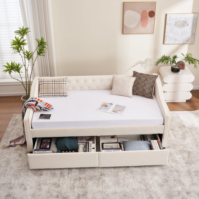 Twin Size Upholstered Daybed with Storage Drawers, Solid Wood Sofábed Bed Frame with Velvet Fabric & Wood Slat Support for Bedroom, Living Room, Office,Beige - DTYStore