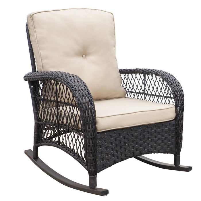 3 Pieces Conversation Set, Outdoor Wicker Rocker Patio Bistro Set, Rocking Chair with Glass Top Side Table - DTYStore