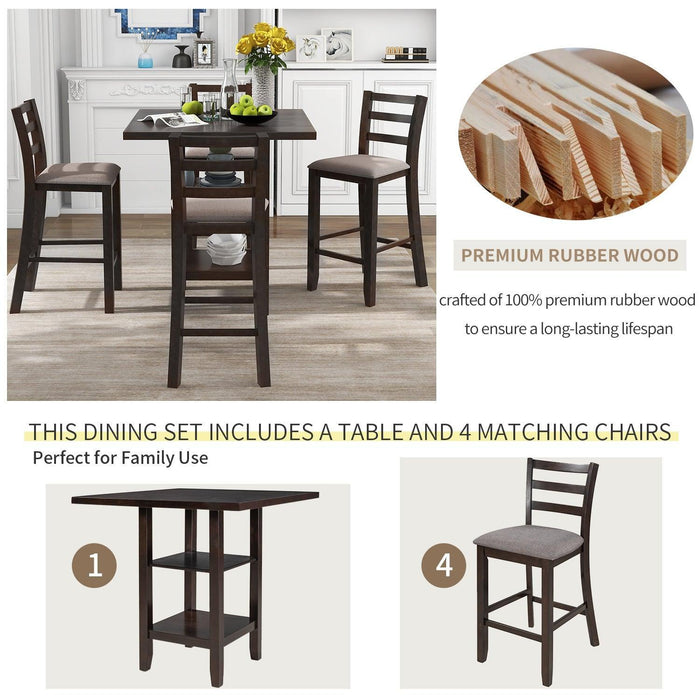 5-Piece Wooden Counter Height Dining Set with Padded Chairs and Storage Shelving