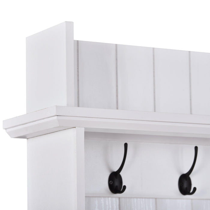 Vintage Style 38.5" Wide Hallway Coat Rack with 5 Metal Hooks and 2 Large Drawers Hall Tree, Metal drawer Handles Entryway Bench Coat Hanger, White