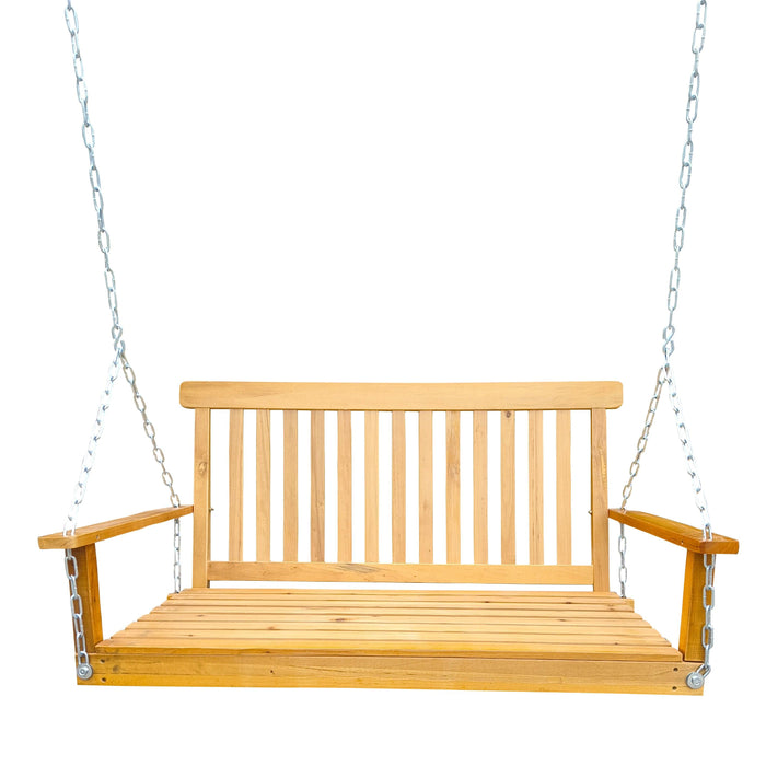 Front Porch Swing with Armrests, Wood Bench Swing with Hanging Chains,for Outdoor Patio ,Garden Yard, porch, backyard, or sunroom,Easy to Assemble,teak