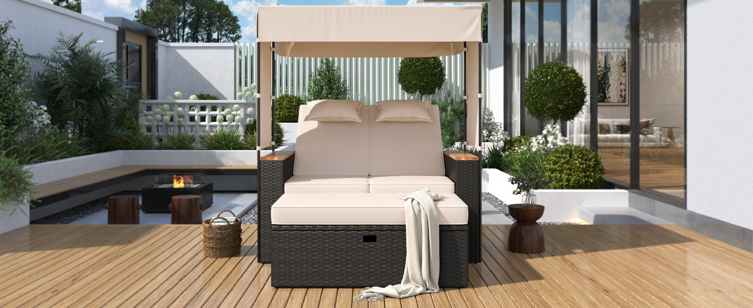 2-Piece Outdoor Rattan Daybed, Outdoor Bed with 5 Positions, Outdoor Loveseat Patio Sofa with Bench Lounge Roof Set and Cushions for Poolside, Backyard and Garden (Brown Wicker + Beige Fabric) - DTYStore