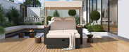 2-Piece Outdoor Rattan Daybed, Outdoor Bed with 5 Positions, Outdoor Loveseat Patio Sofa with Bench Lounge Roof Set and Cushions for Poolside, Backyard and Garden (Brown Wicker + Beige Fabric) - DTYStore
