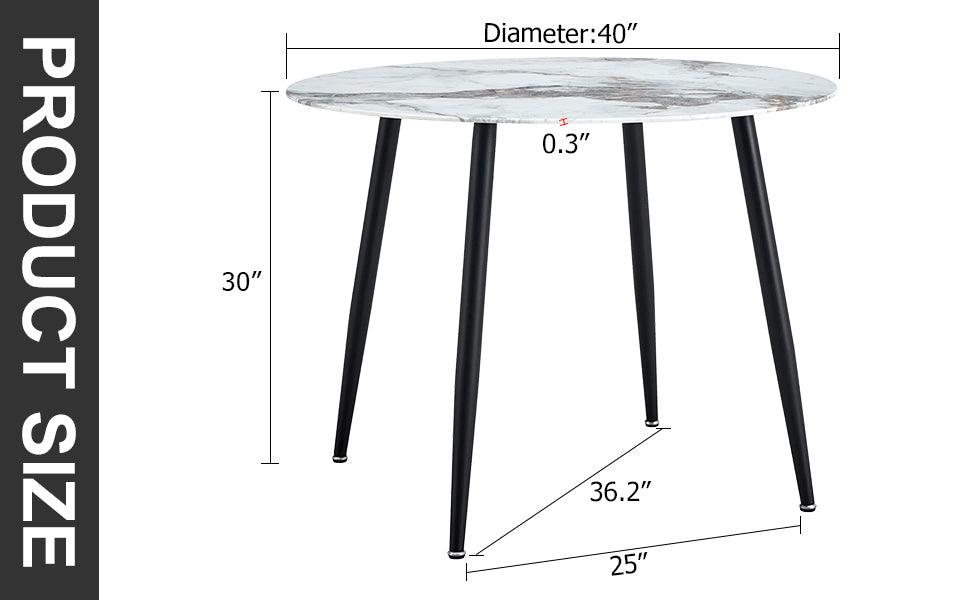 A modern minimalist circular dining table with a diameter of 40 inches, a 0.3 inch thick imitation marble pattern tabletop and black metal legs 40 '* 40' * 30 'DT-1164