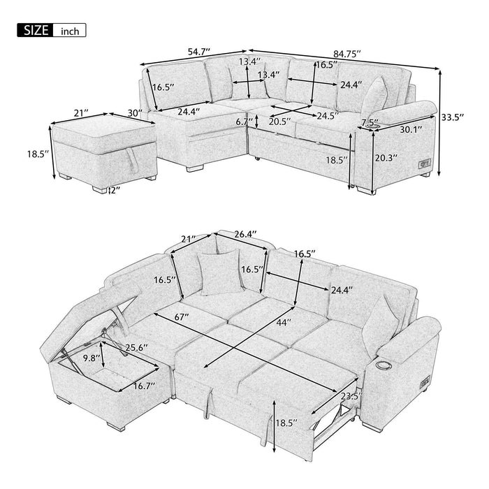 84.75" Sleeper Sofa Bed,2 in 1 Pull Out sofa bed L Shape Couch with Storage Ottoman for Living Room,Bedroom Couch and Small Apartment, Green