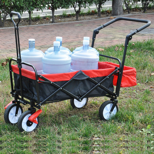 folding wagon Collapsible Outdoor Utility Wagon, Heavy Duty Folding Garden Portable Hand Cart, Drink Holder, Adjustable Handles(Black+Red colour) - DTYStore