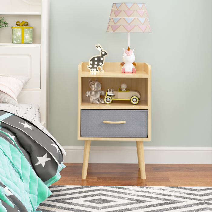 2PC Nightstand With Collapsible Fabric Drawer, 2-Tier Storage End Table, Wood Side Table with Storage Cabinet for Bedroom, Living Room - Oak - DTYStore