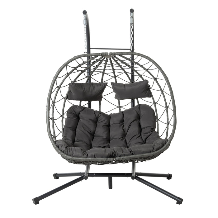 2 Persons Egg Chair with Stand Indoor Outdoor Swing Chair Patio Wicker Hanging Egg Chair Hanging Basket Chair with Stand for Bedroom Living Room Balcony - DTYStore