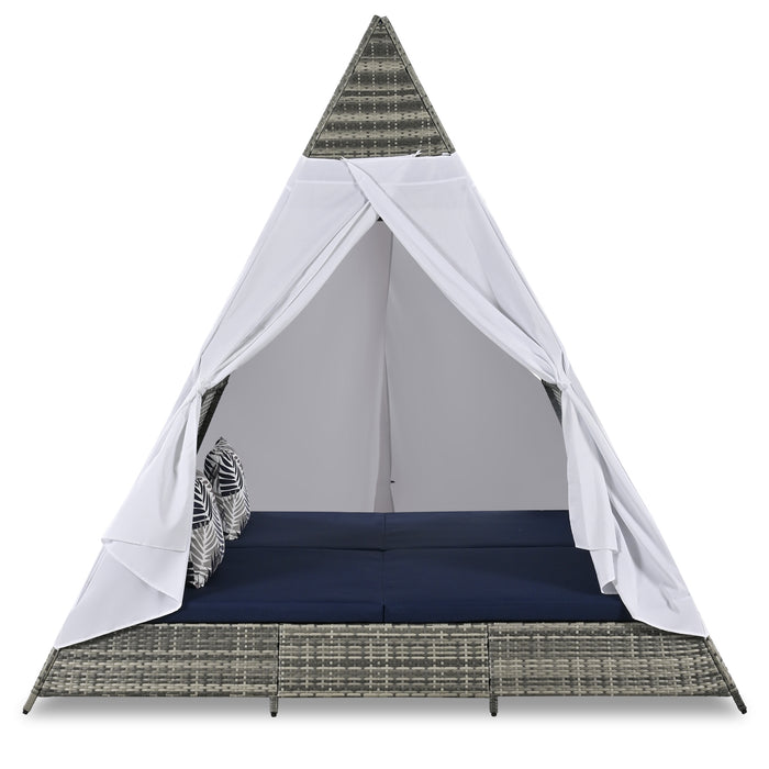 GO 90.5' Length Outdoor Sunbed With Colorful Pillows, Wicker Patio Daybed With Cushions, Tent Shape, Gray And Blue - DTYStore