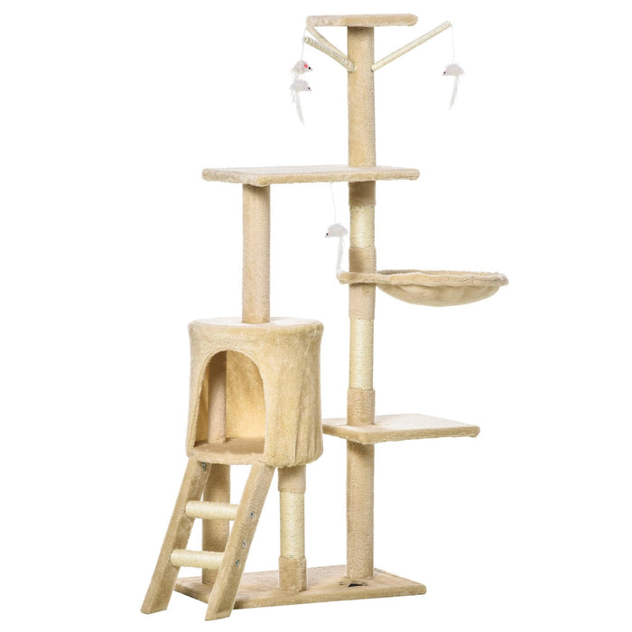 53" Plush Sturdy Interactive Cat Condo Tower Scratching Post Activity Tree House - Beige