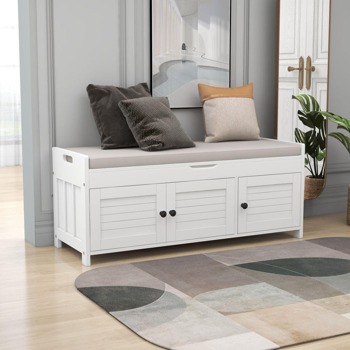 Storage Bench with 3 Shutter-shaped Doors, Removable Cushion and Hidden Storage Space