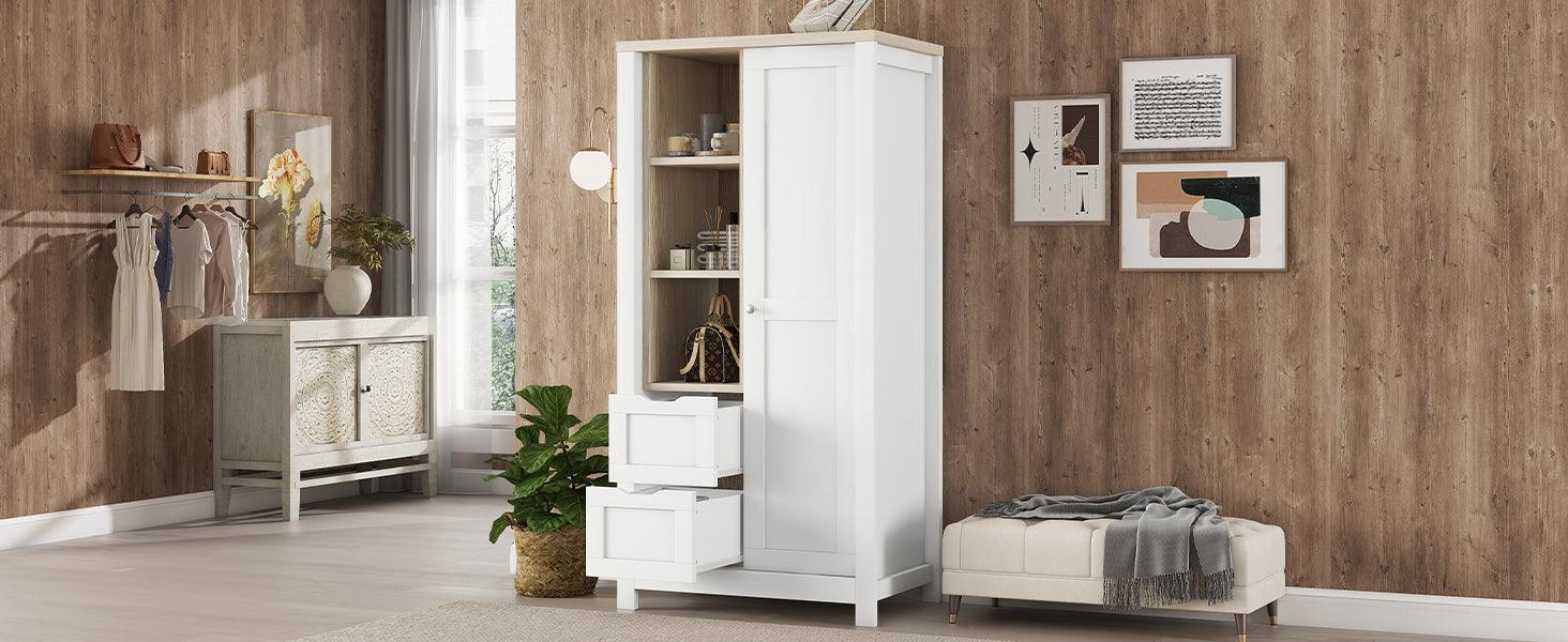 Bedroom Storage Wardrobe with Hanging Rods and 2 Drawers and Open Shelves,Sliding Door,White