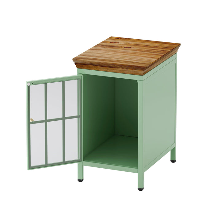 Nightstand with Storage Cabinet & Solid Wood Tabletop, Bedside Table, Sofa Side Coffee Table for Bedroom, Living Room, Green(Set of Two Pieces)