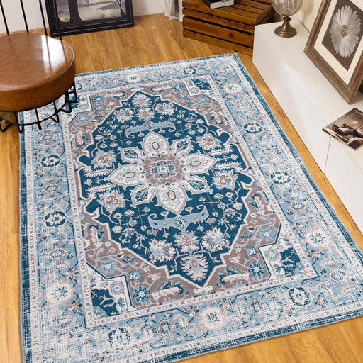 Area Rug 8x10 Vintage Bohemia Large Persian Non-slip Washable Rug For Living Room Kitchen Bedroom Living Room Flower Design Blue - DTYStore