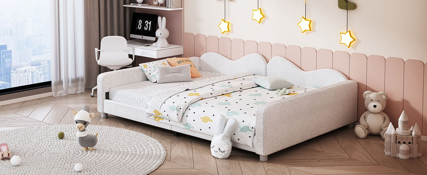 Full size Upholstered Daybed, Sherpa Fabric Sofabed with Cloud-Shaped Backrest, No Box-spring Needed, White - DTYStore