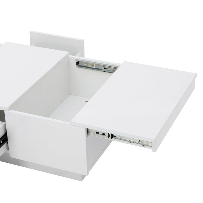 ON-TREND Coffee Table with 2 large Hidden Storage Compartment, Extendable Cocktail Table with 2 Drawers, High-gloss Center Table with Sliding Top for Living Room, 39.3"x21.6", White