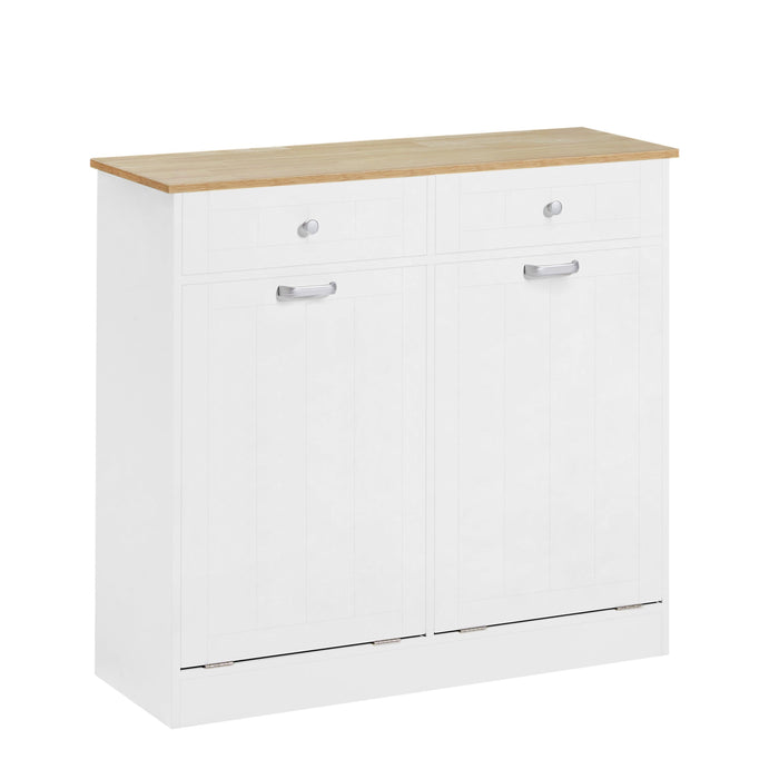 Two-Compartment Tilt-Out Trash Cabinet, Pet Proof Kitchen Trash Cabinet with Cutting Board, Free Standing Laundry Sorter Cabinet, Laundry Hamper, White