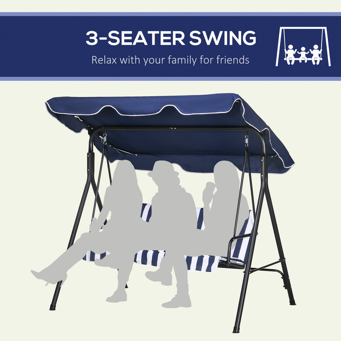 Outsunny 3-Seat Outdoor Patio Swing Chair with Removable Cushion, Steel Frame Stand and Adjustable Tilt Canopy for Patio, Garden, Poolside, Balcony, Backyard, Dark Blue - DTYStore